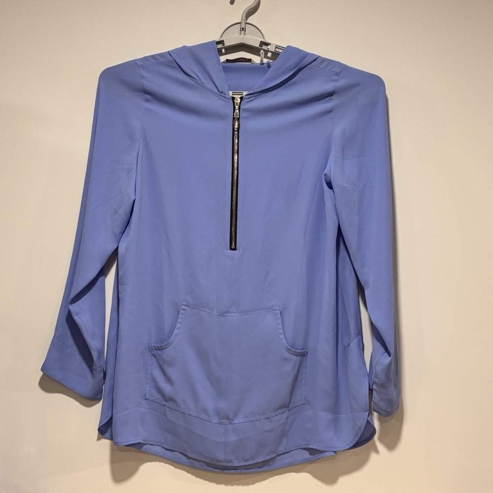 Soft Surroundings Blue Hooded Pullover Tunic Top Kangaroo Pocket 1/2‎ Zip Medium
